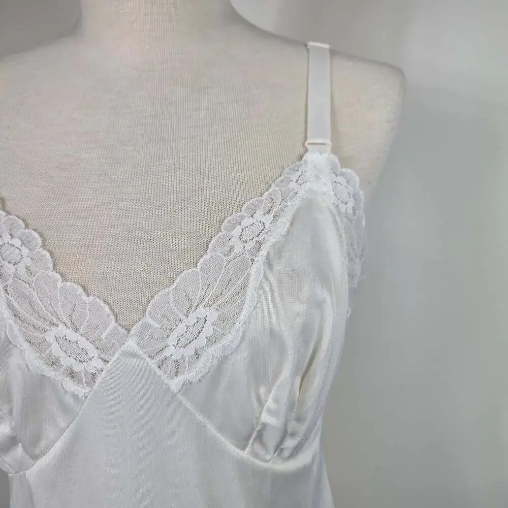 Vintage French Maid White Nylon Lace Full Slip Nightgown Lingerie 34 S Whimsy